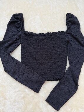 Smocked Black Lace Long Sleeve Square Neck Top. Color: Black. Size: S